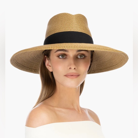 Eric Javits Daphne Tan Wide-Brim Straw Fedora Hat with Black Band - Picture 1 of 11